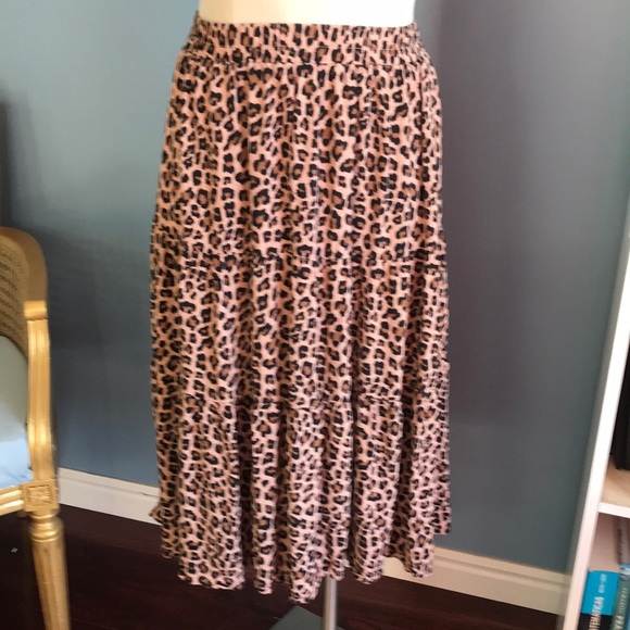 Merokeety leopard print pull on layered midi skirt size S neutral old money - Picture 1 of 10